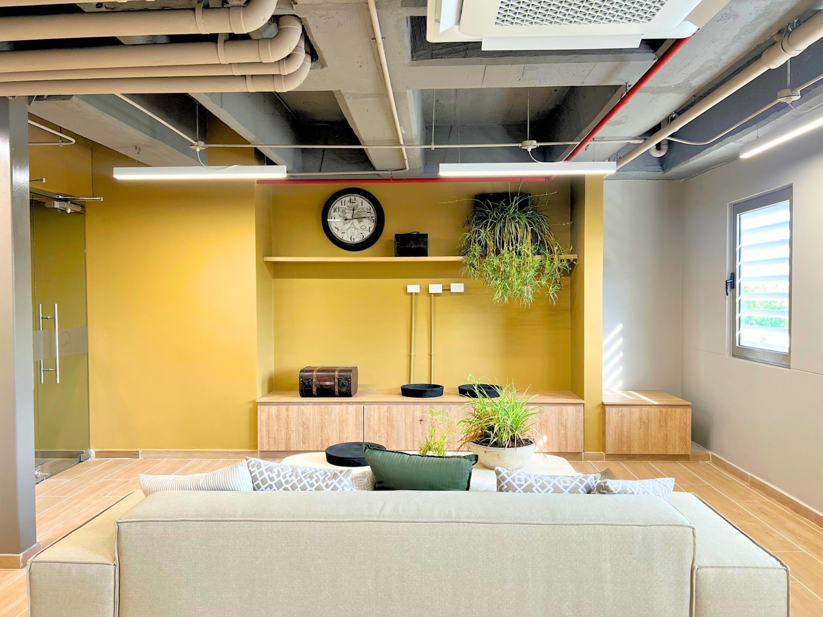 A modern office space with a sofa, a clock, and potted plants.