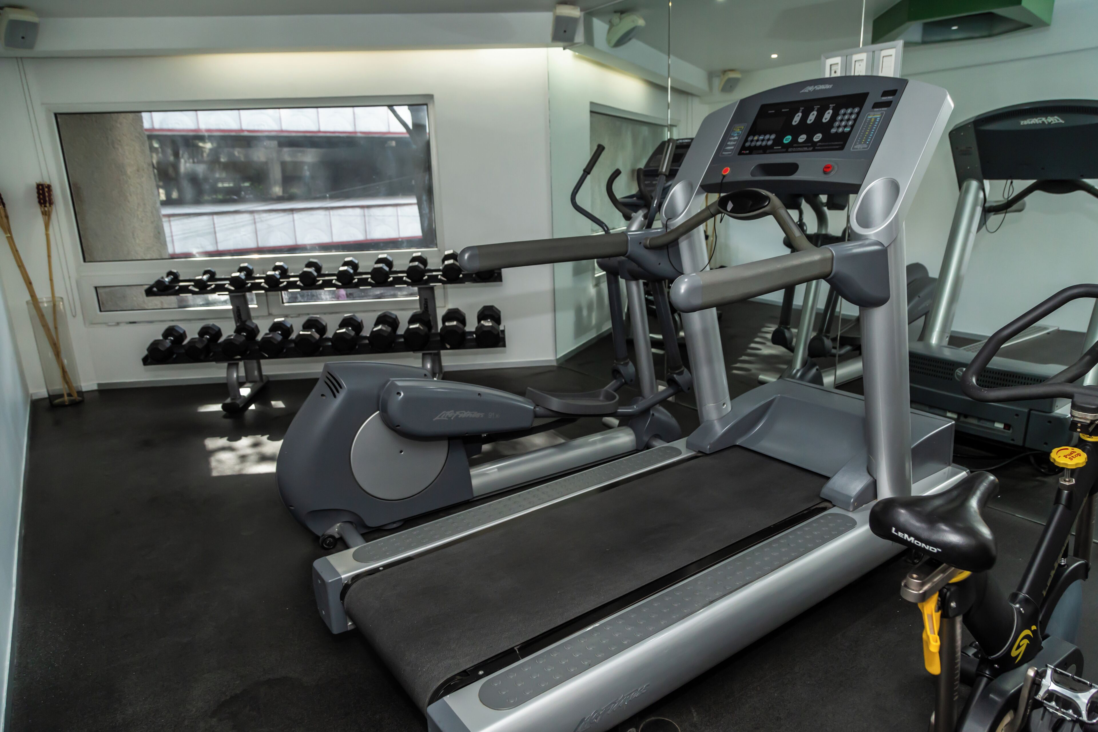 A gym with treadmills, dumbbells, and a stationary bike.