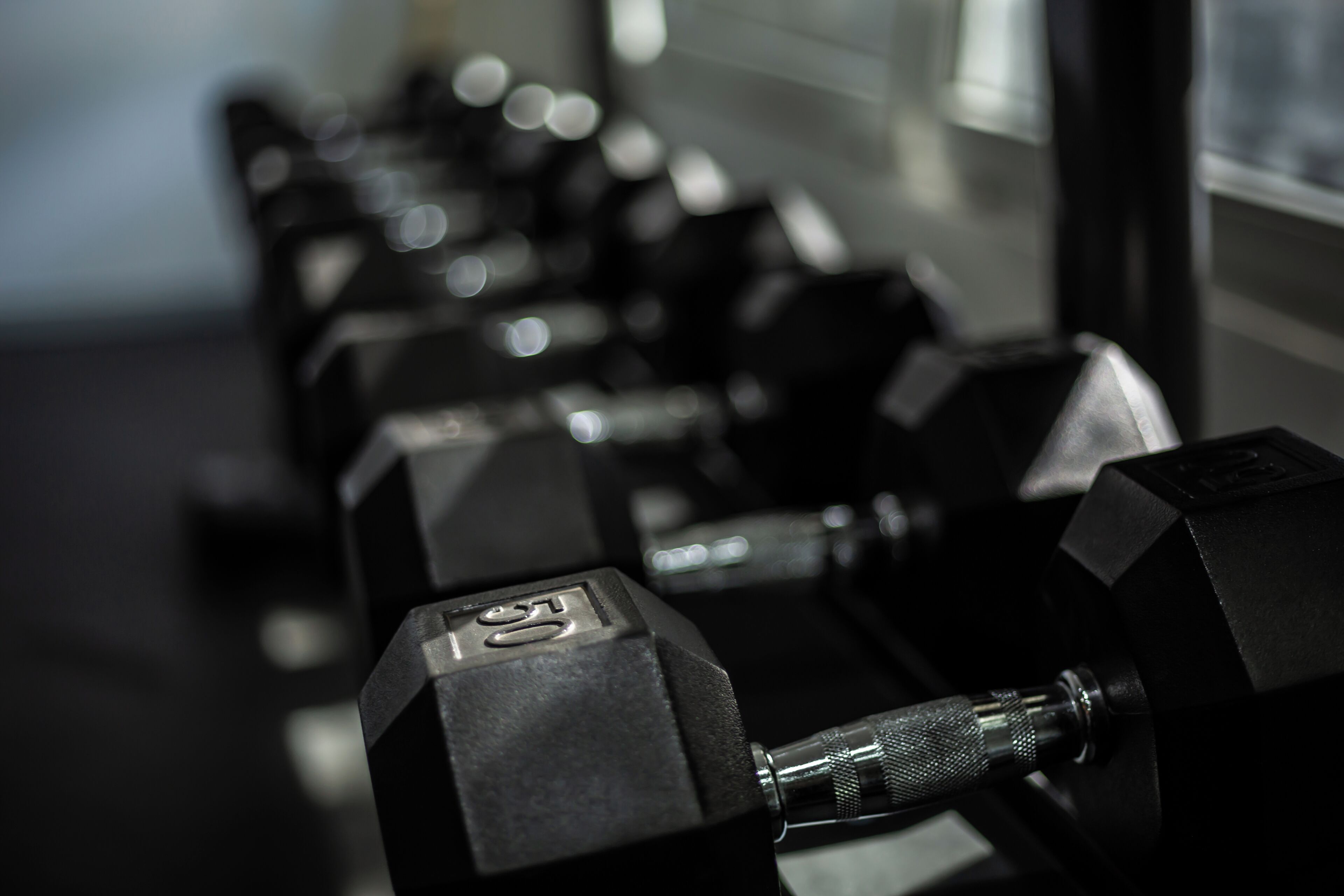 Una hilera de mancuernas negras con indicaciones de peso, dispuestas en un gimnasio.