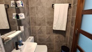 Une salle de bain comprenant un lavabo, des toilettes et un espace douche.