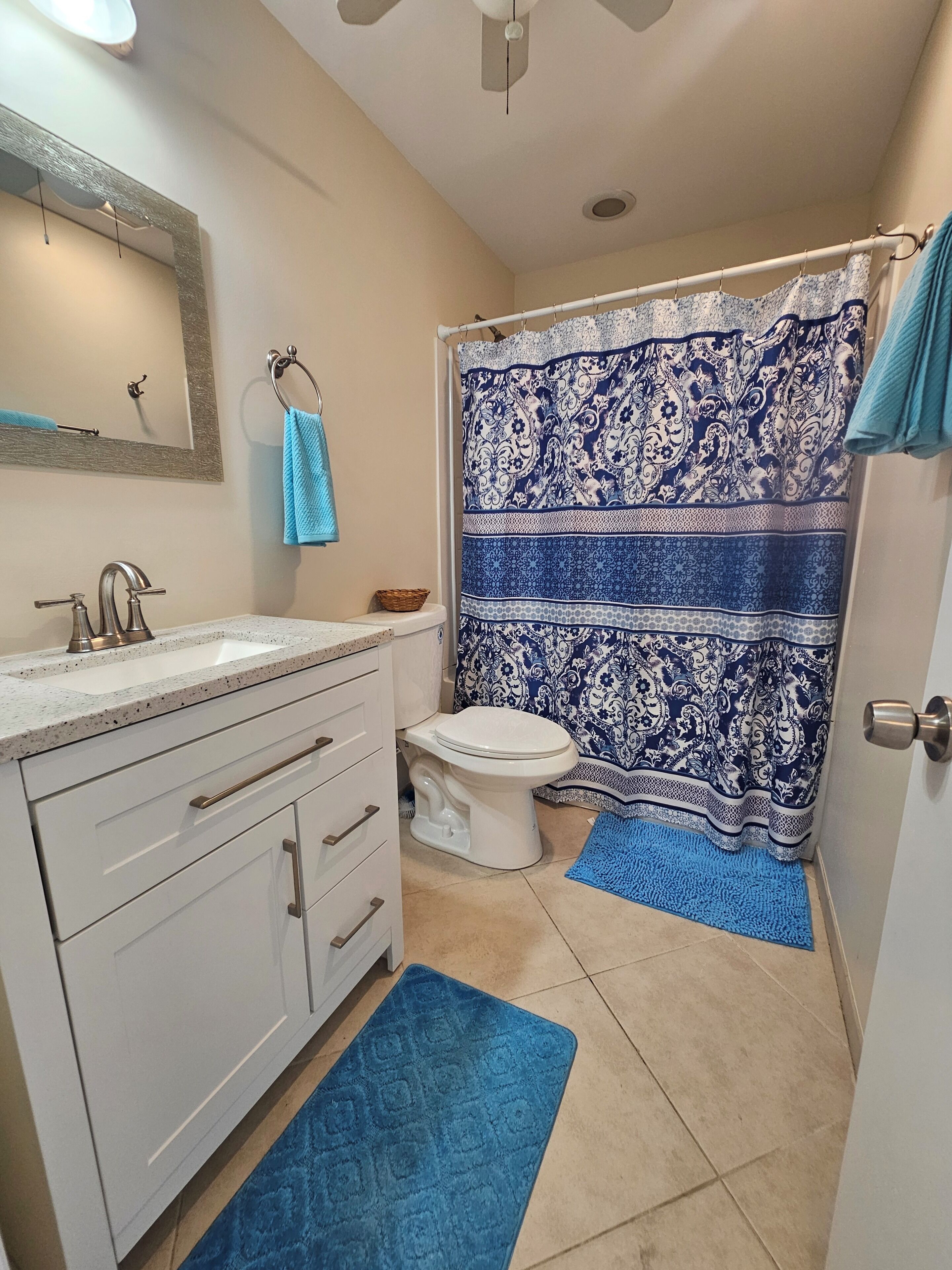 Hair dryer, towels, toilet paper