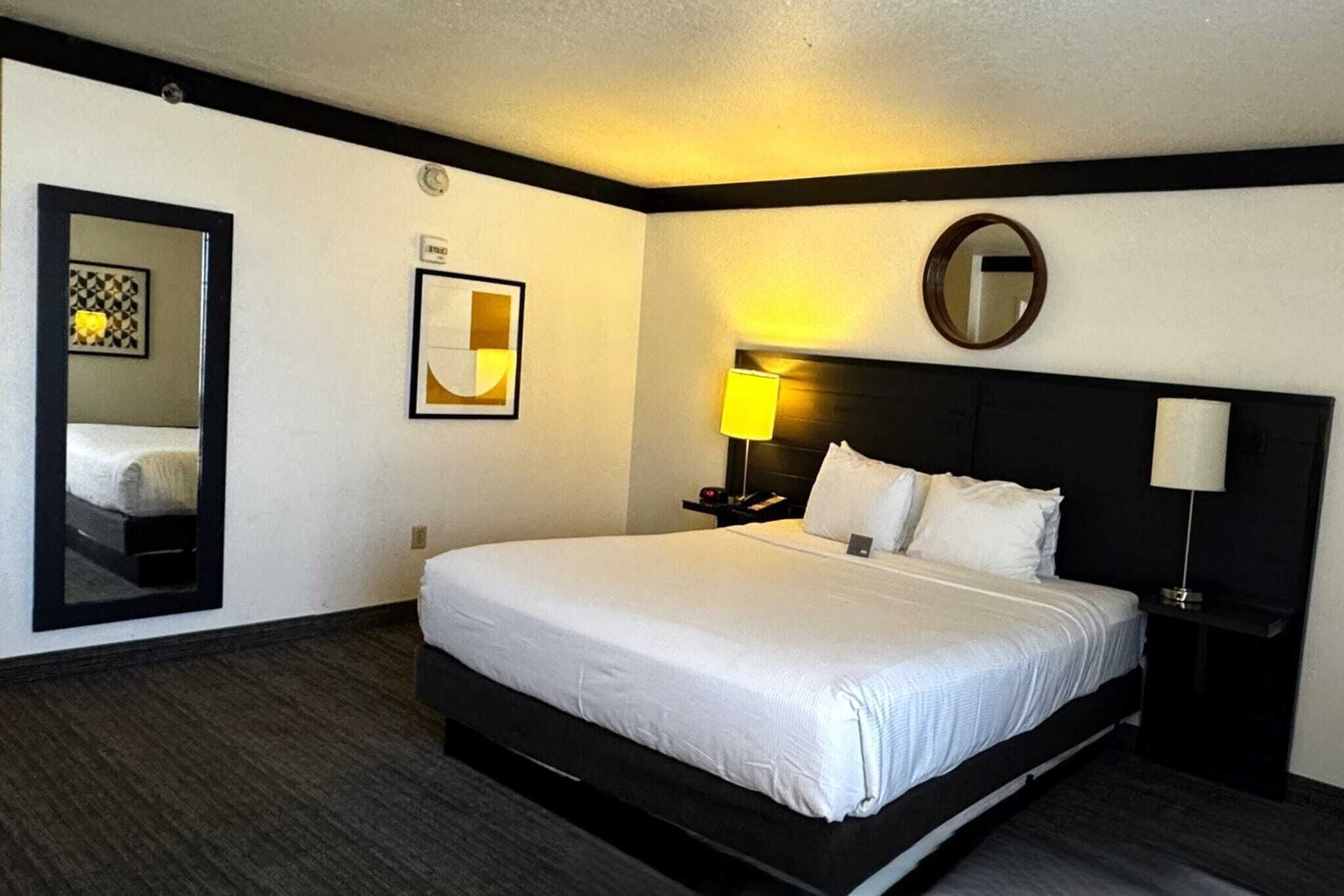 A hotel room with a large bed, a bedside table with a lamp, a mirror, and a framed picture on the wall.