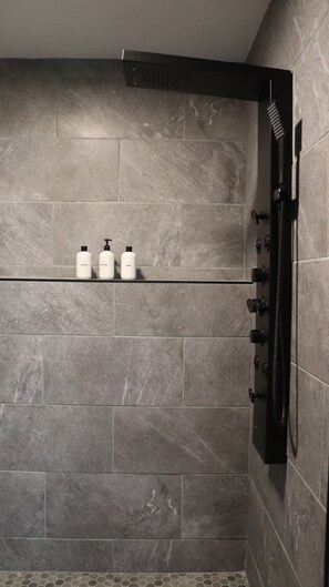 Douche, baignoire à jets, sèche-cheveux, serviettes fournies