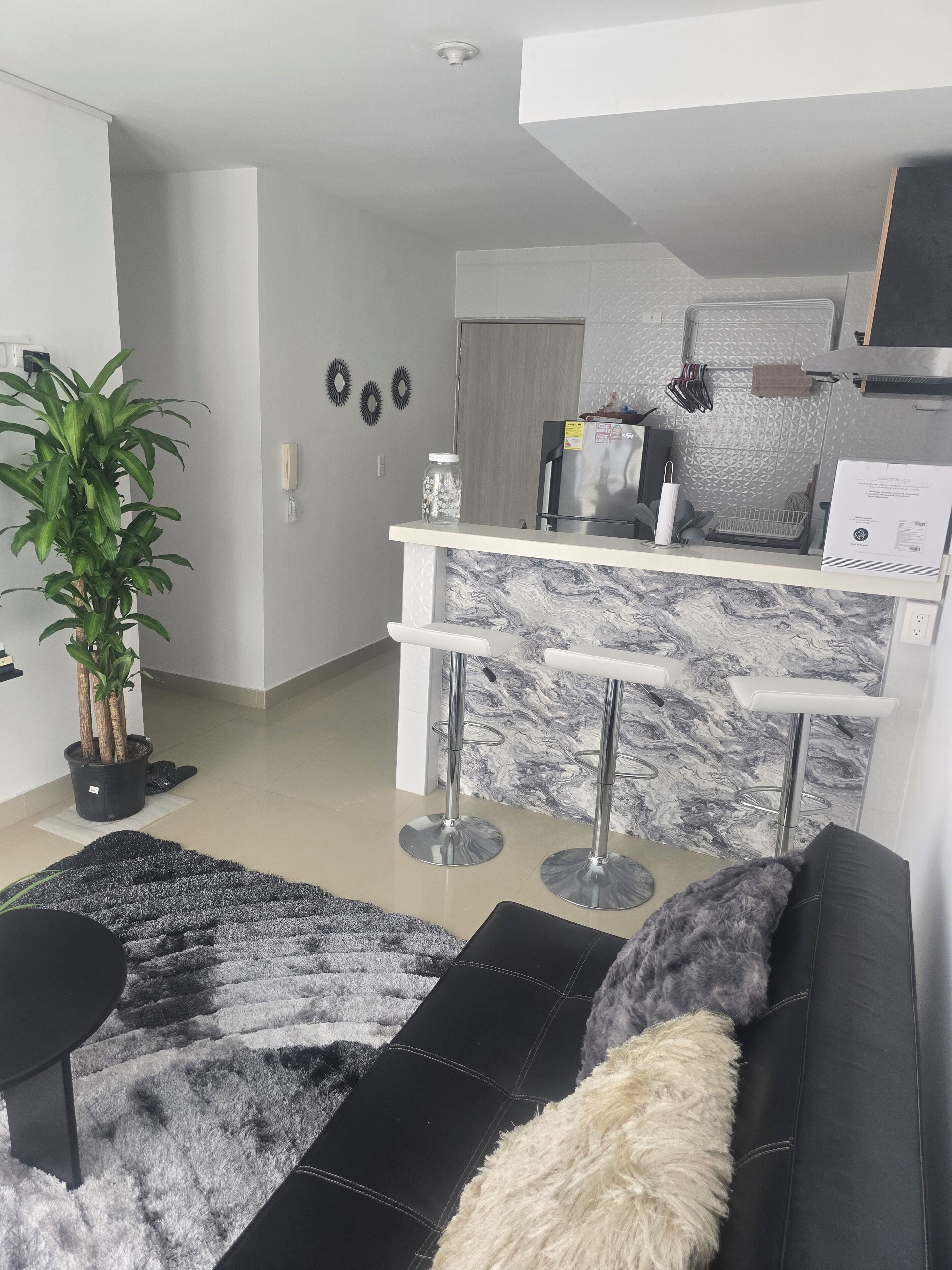 Ein modernes Wohnzimmer mit einer schwarzen Ledersofa, einem gemusterten Teppich und einem Blumentopf.