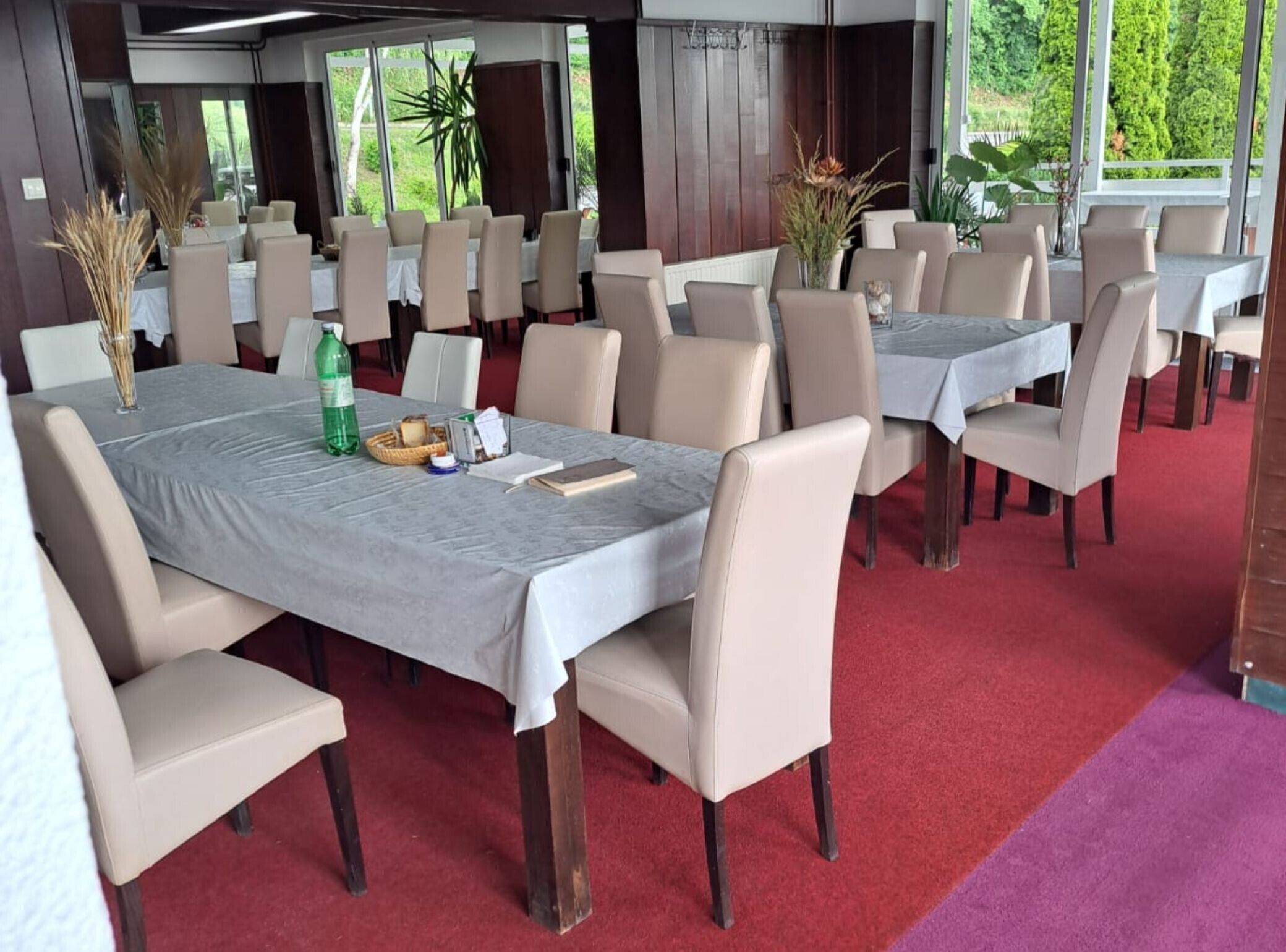 A dining area with multiple tables and chairs, a red carpet, and large windows with a view of greenery.
