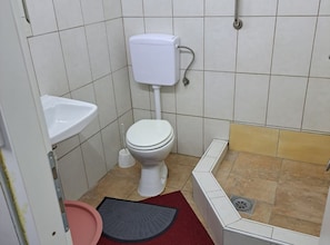 Un baño pequeño con inodoro, lavamanos y zona de ducha.