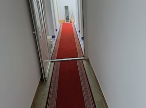 A hallway with a red carpet leading to a door.