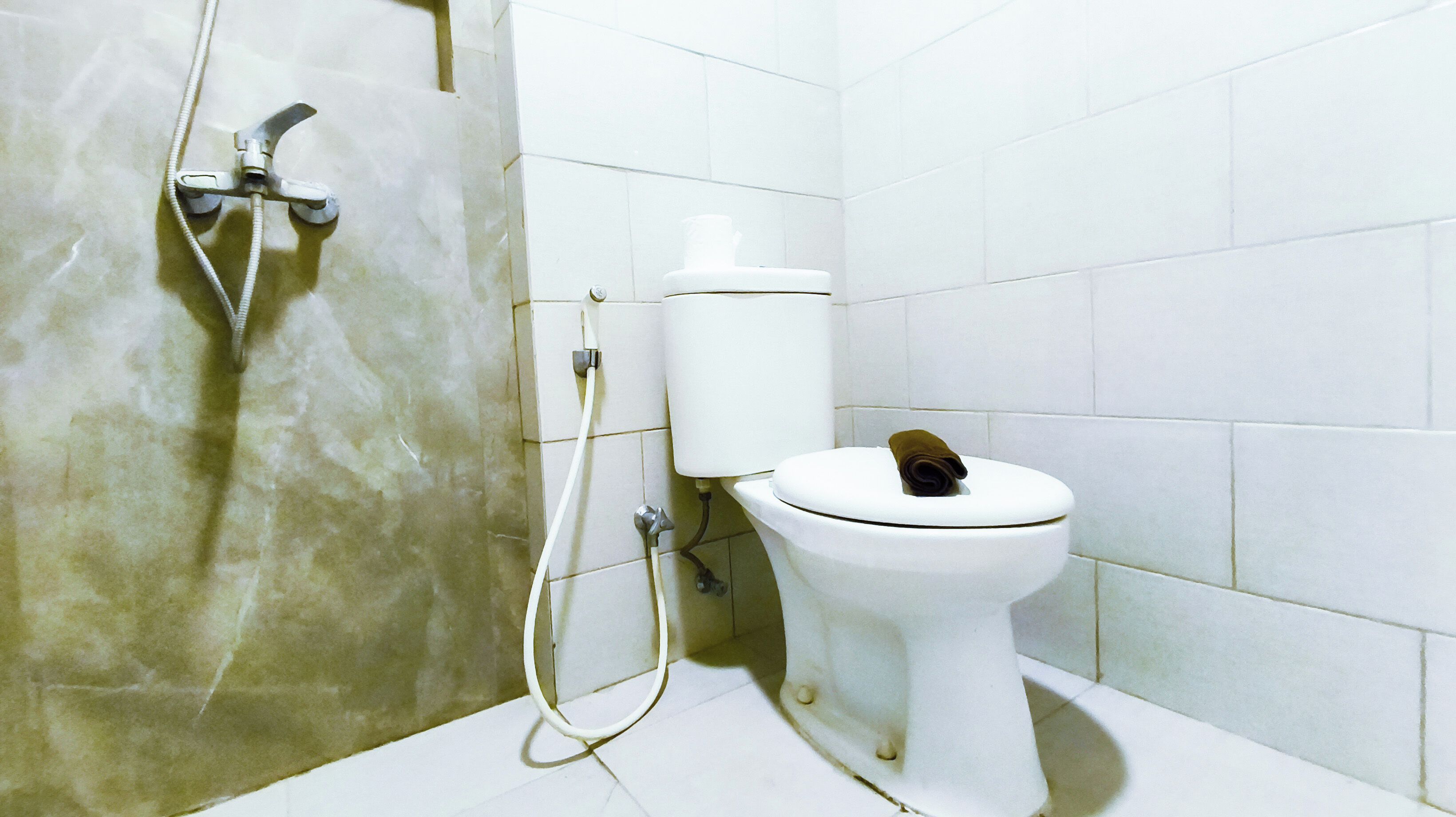 A bathroom with a toilet, a shower, and a marble wall.