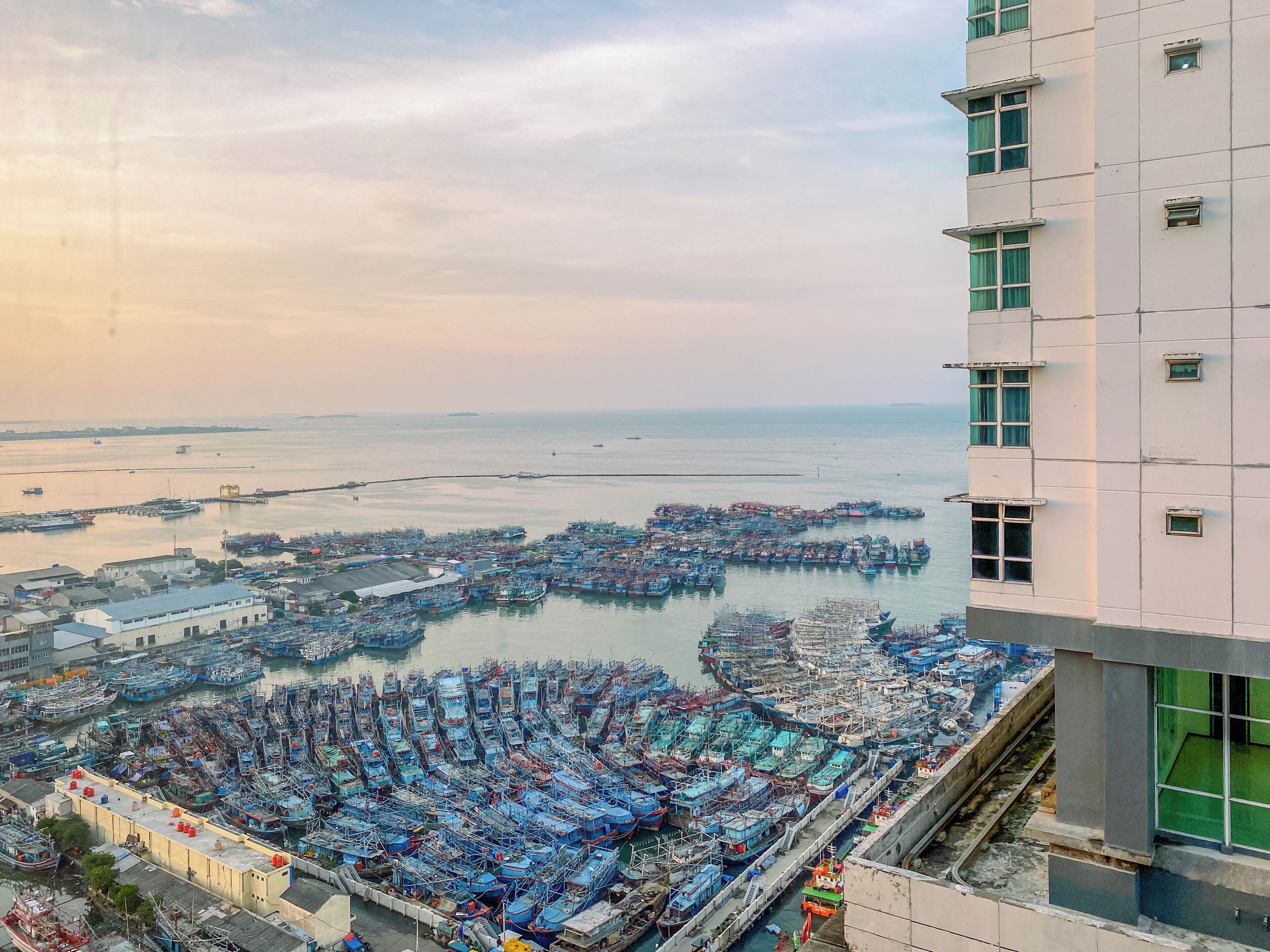 A high-rise building with multiple windows and a view of a harbor with numerous boats docked.
