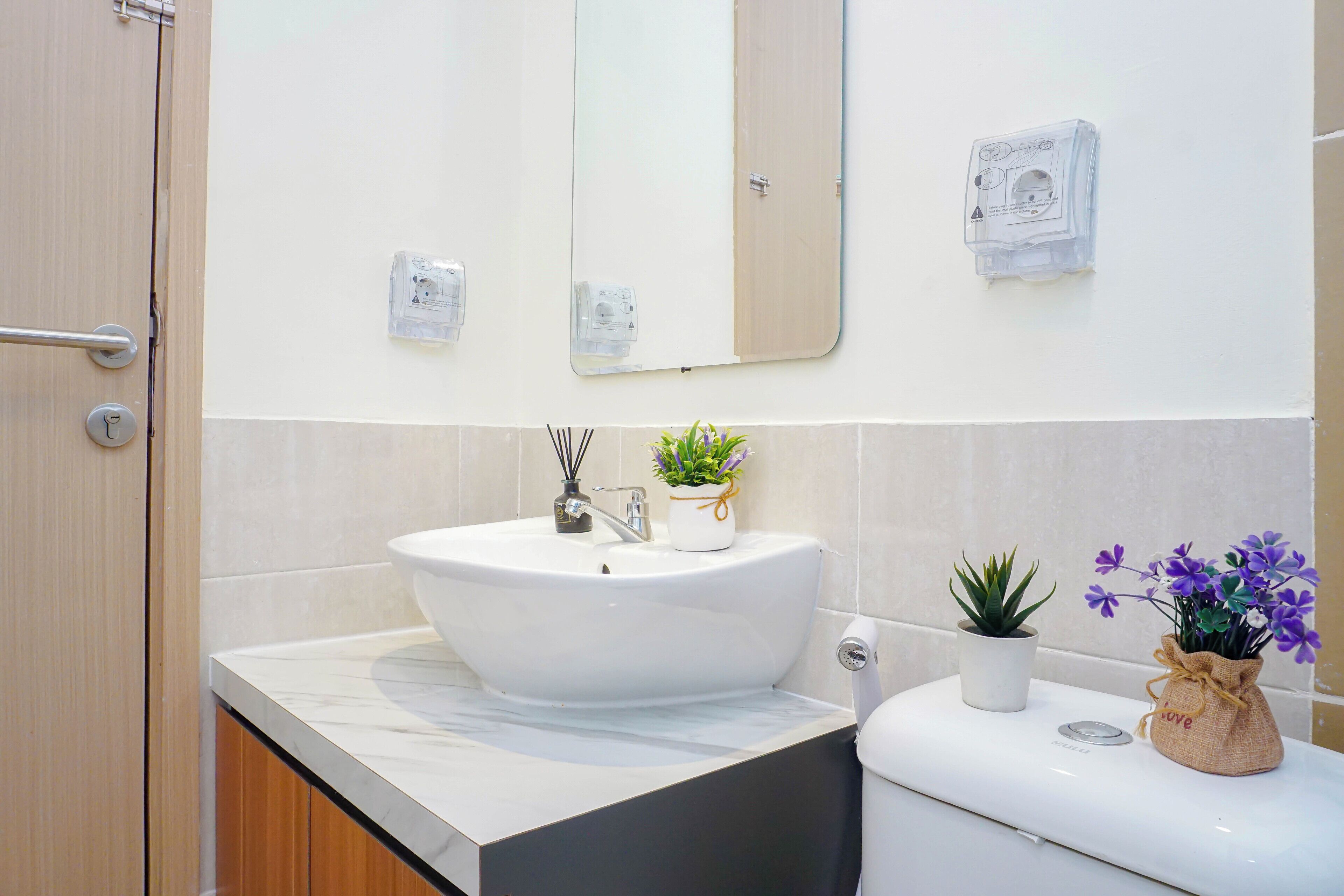 A bathroom with a white sink, a mirror, a toilet, and a small potted plant.