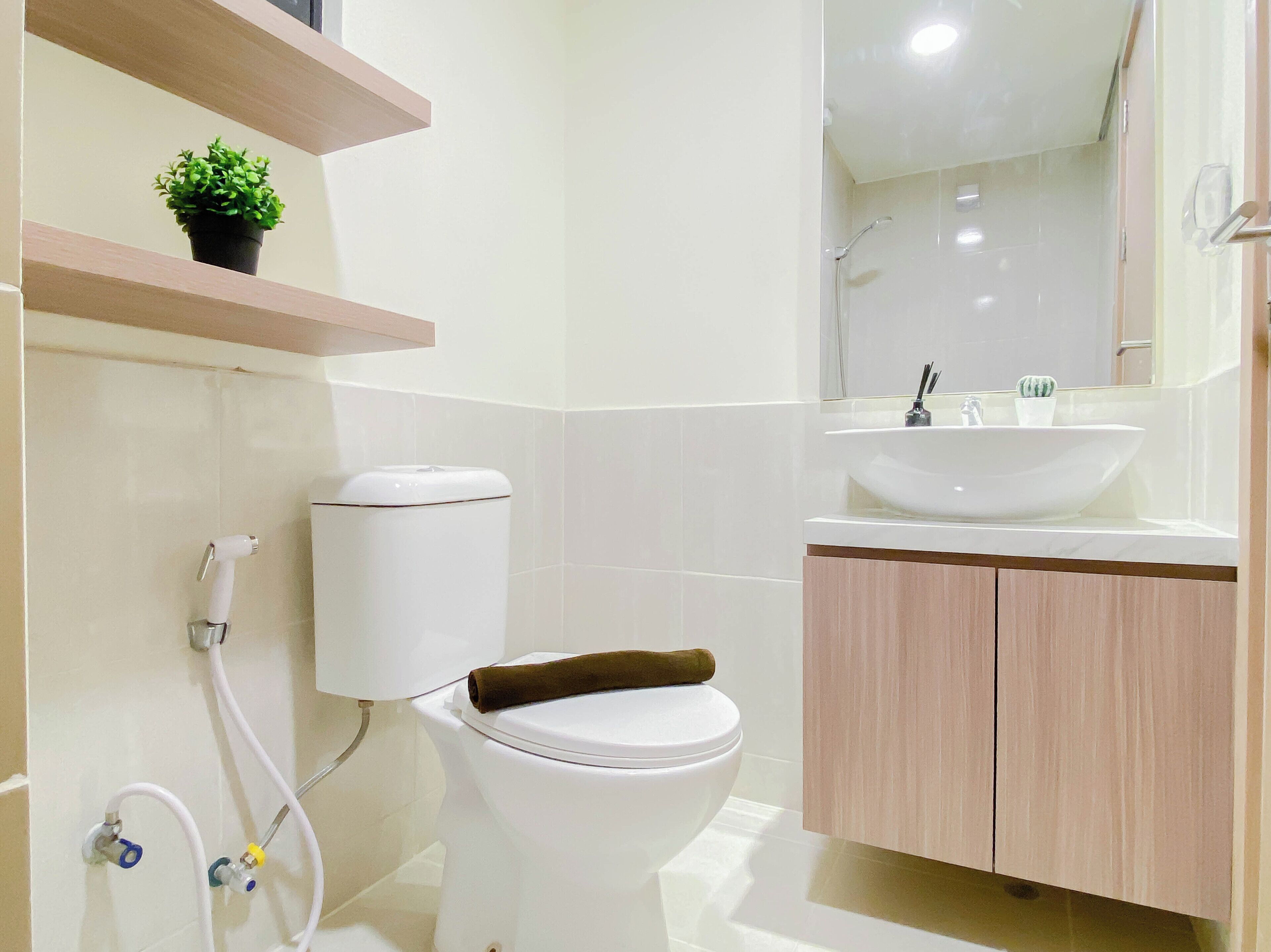 A modern bathroom with a toilet, sink, and shower. There are wooden shelves above the toilet and a small plant on one of them.