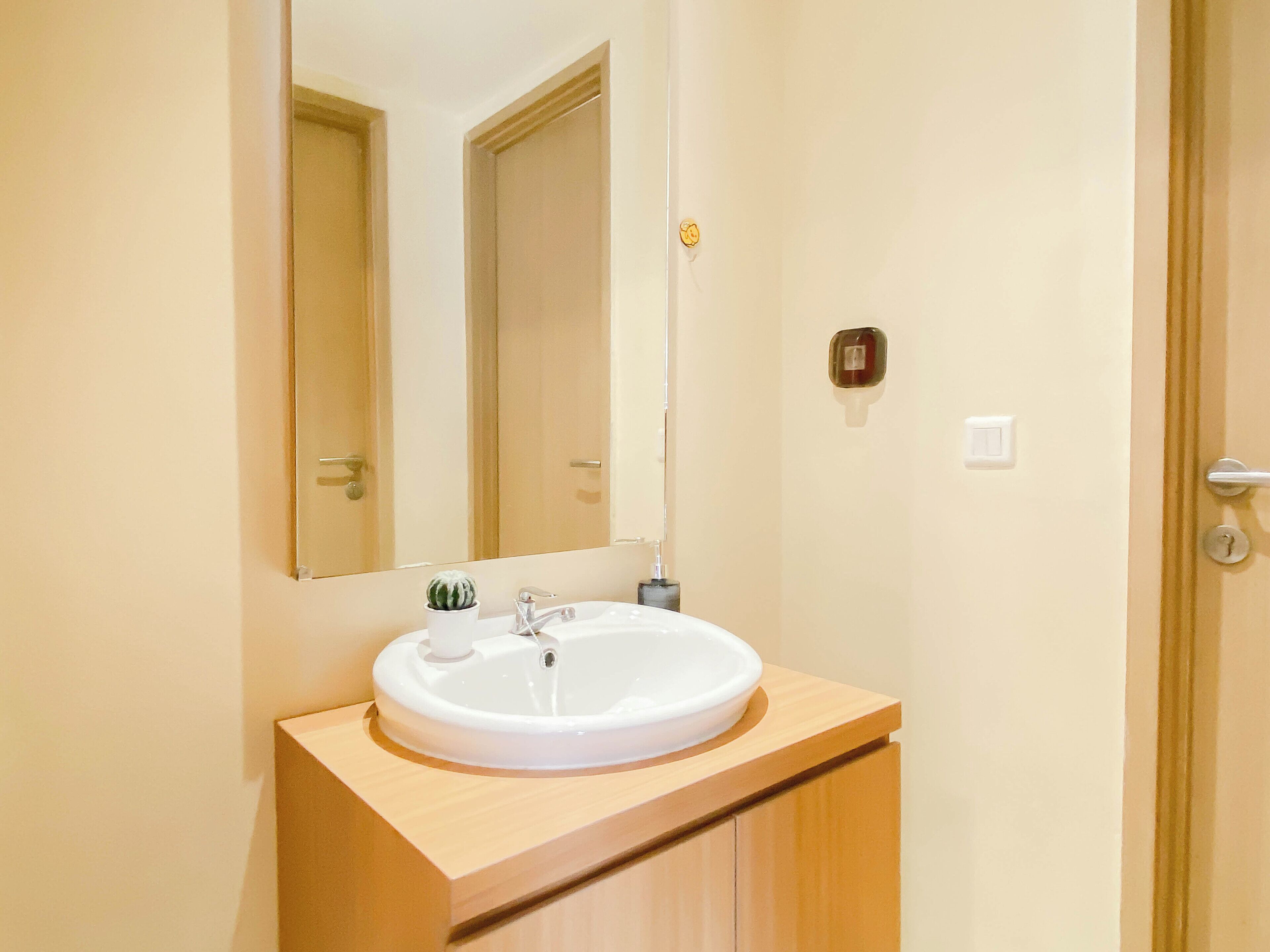 A bathroom with a white sink, a mirror, and wooden cabinetry.