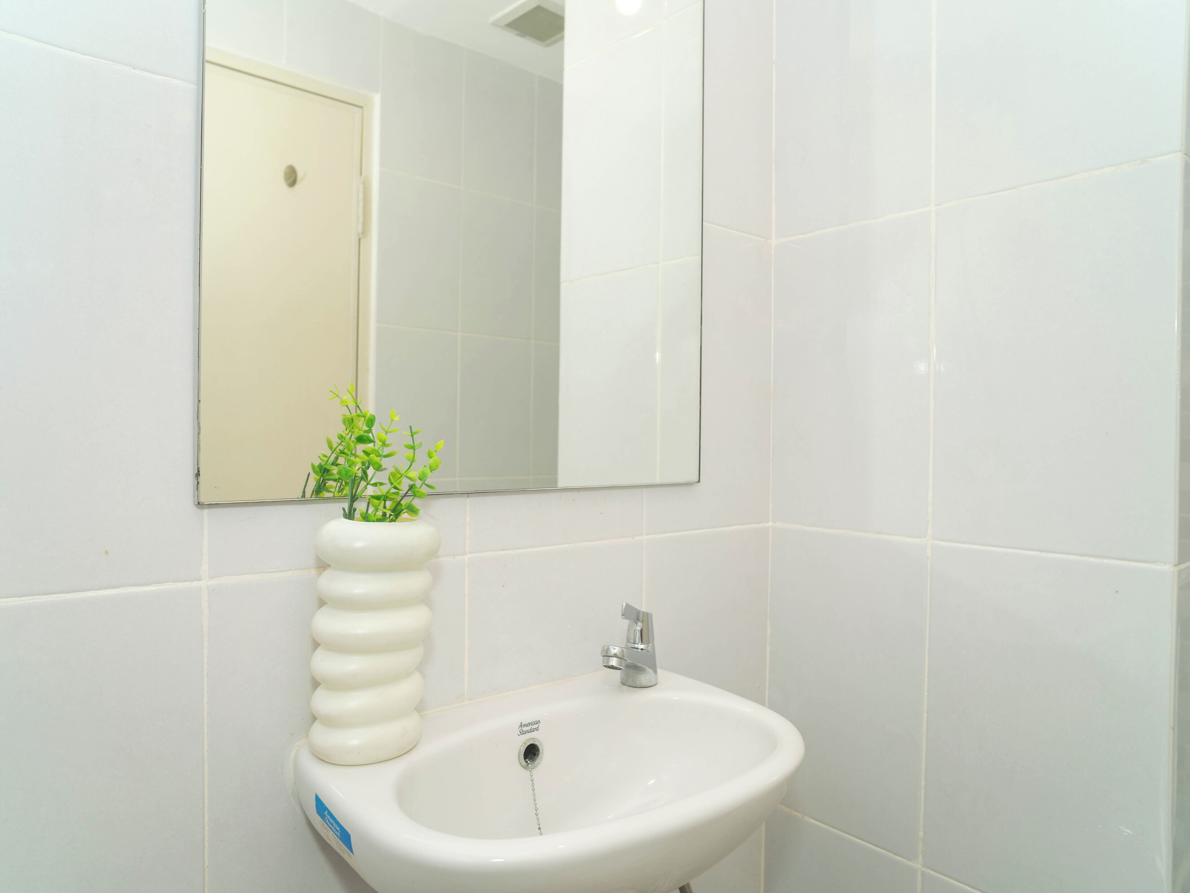 Een badkamer met een witte wastafel, een spiegel en een potplant.