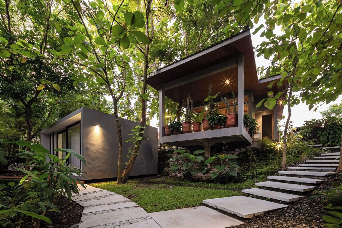 A modern house with a balcony, surrounded by lush greenery and a stone pathway.