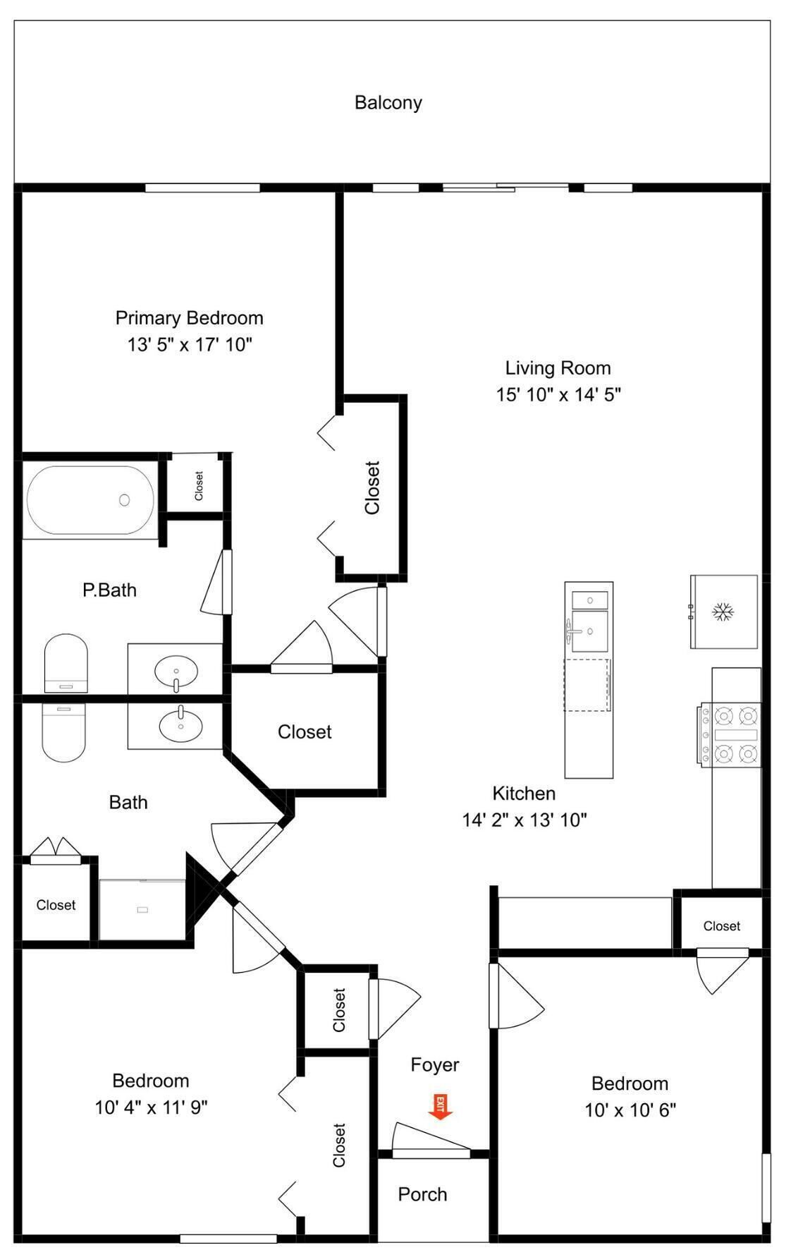 Een plattegrond van een hotelkamer met een balkon, slaapkamer, woonkamer, badkamer, keuken, twee slaapkamers en een hal.