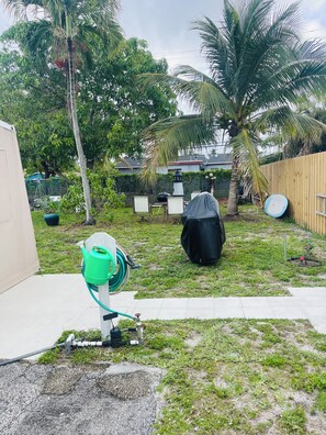 A backyard with a lawn, a green garden hose, a black trash bin, and a satellite dish.