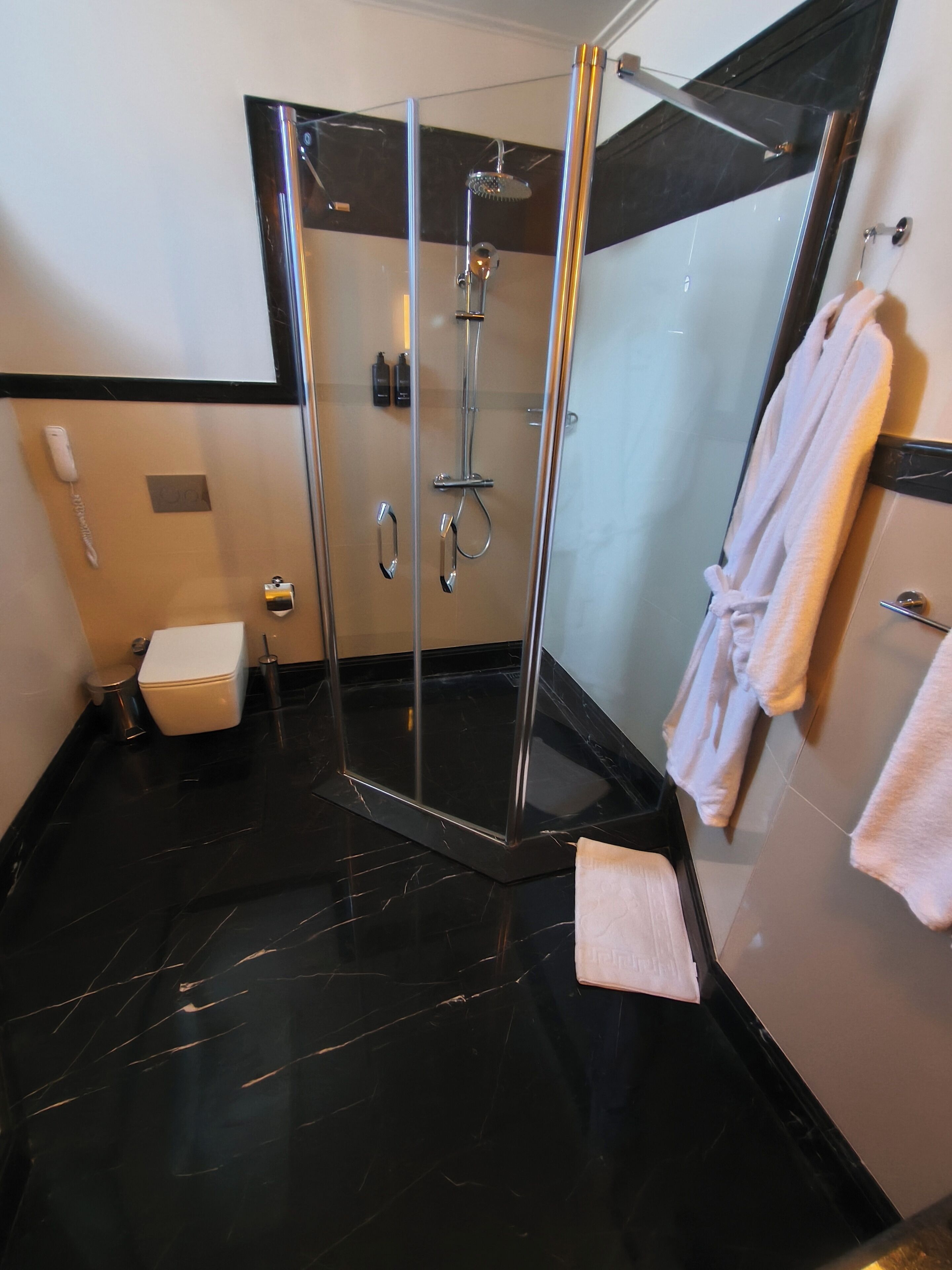 A modern bathroom with a glass-enclosed shower, a toilet, and a towel rack.