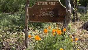Un panneau en bois portant l’inscription « Settlers Rest » et illustré d’un dessin de chariot, entouré de fleurs sauvages et de verdure.