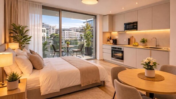 A modern bedroom with a bed, bedside table, lamp, and a view of the city through large windows. - Modern Studio Zurich Center (Zürich)