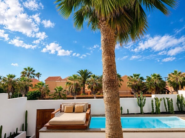 A poolside area with a bed, palm trees, and a clear sky.