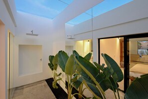 A modern interior with a skylight, a glass door leading to a bedroom, and large green plants.