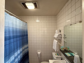 A bathroom with a shower curtain, a toilet, a sink, and a mirror. - Pineapple Inn (North Attleboro)