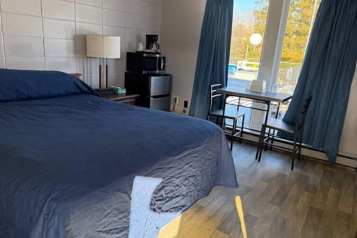 A hotel room with a bed, a desk, a chair, a lamp, and a view of the outdoors.