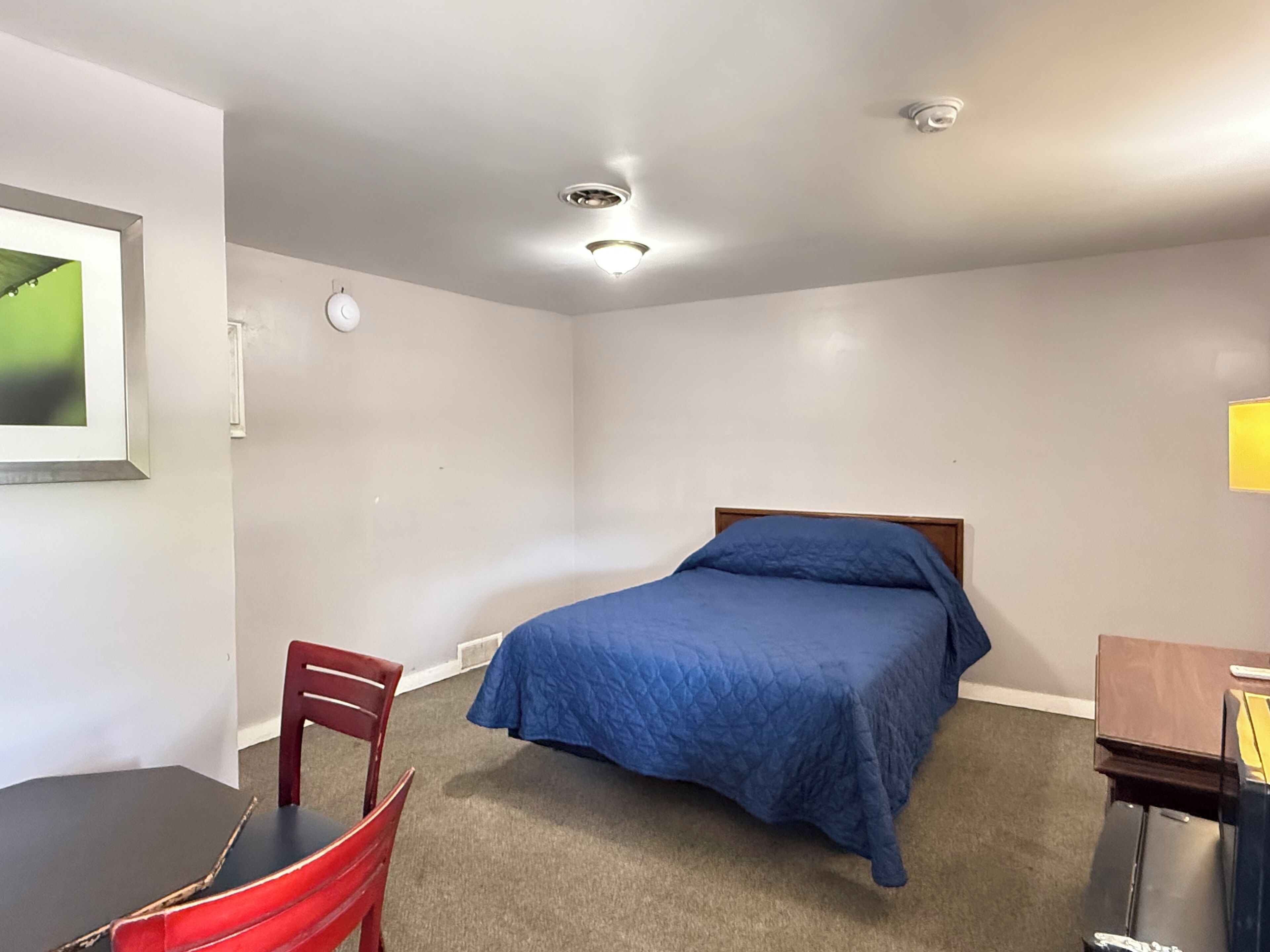 A bedroom with a bed, a desk, a chair, and a ceiling light.