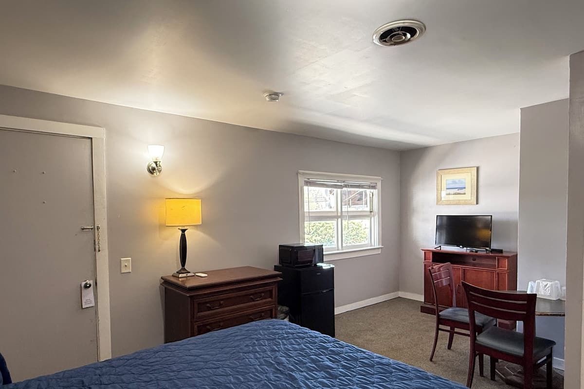 A bedroom with a bed, a desk with a chair, a television, a lamp, and a window.