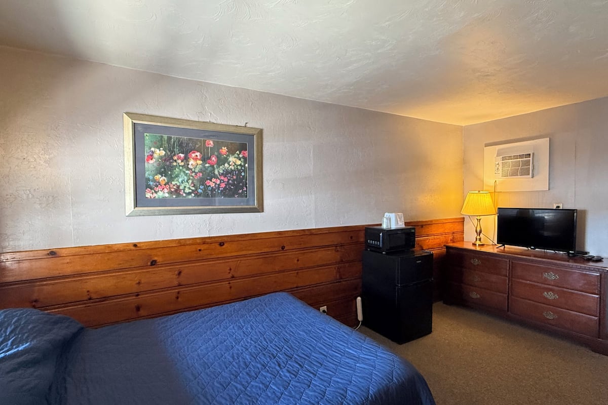 A hotel room with a bed, a television, a microwave, a lamp, and a framed picture on the wall.