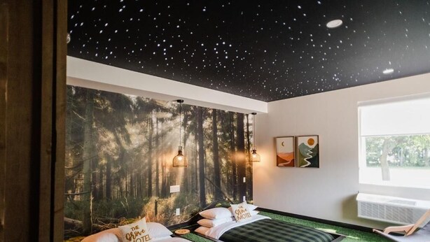 Huoneessa on kaksi sänkyä, seinällä metsäaiheinen seinämaalaus, tähtitaivas katossa ja ikkuna, josta tulee luonnonvaloa.