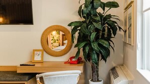 Huoneessa on puinen työpöytä, rottinkituoli, suuri ruukussa oleva kasvi, seinälle kiinnitetty peili, punainen puhelin ja valkoinen ilmastointilaite.