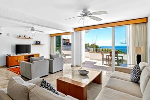Apartment, Multiple Beds, Pool Access, Ocean View (Grand Miramar A302) | Living area - Upscale Bayview Villa With hot Tub, Private Terrace, Pool & Stylish Interiors (Puerto Vallarta)