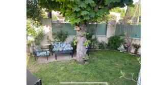Patio con un árbol, un banco y un sofá.