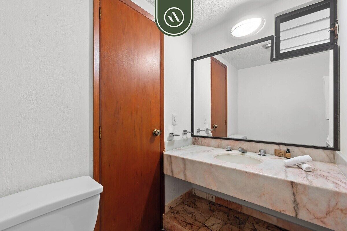 A bathroom with a wooden door, a white toilet, a marble sink, and a large mirror.