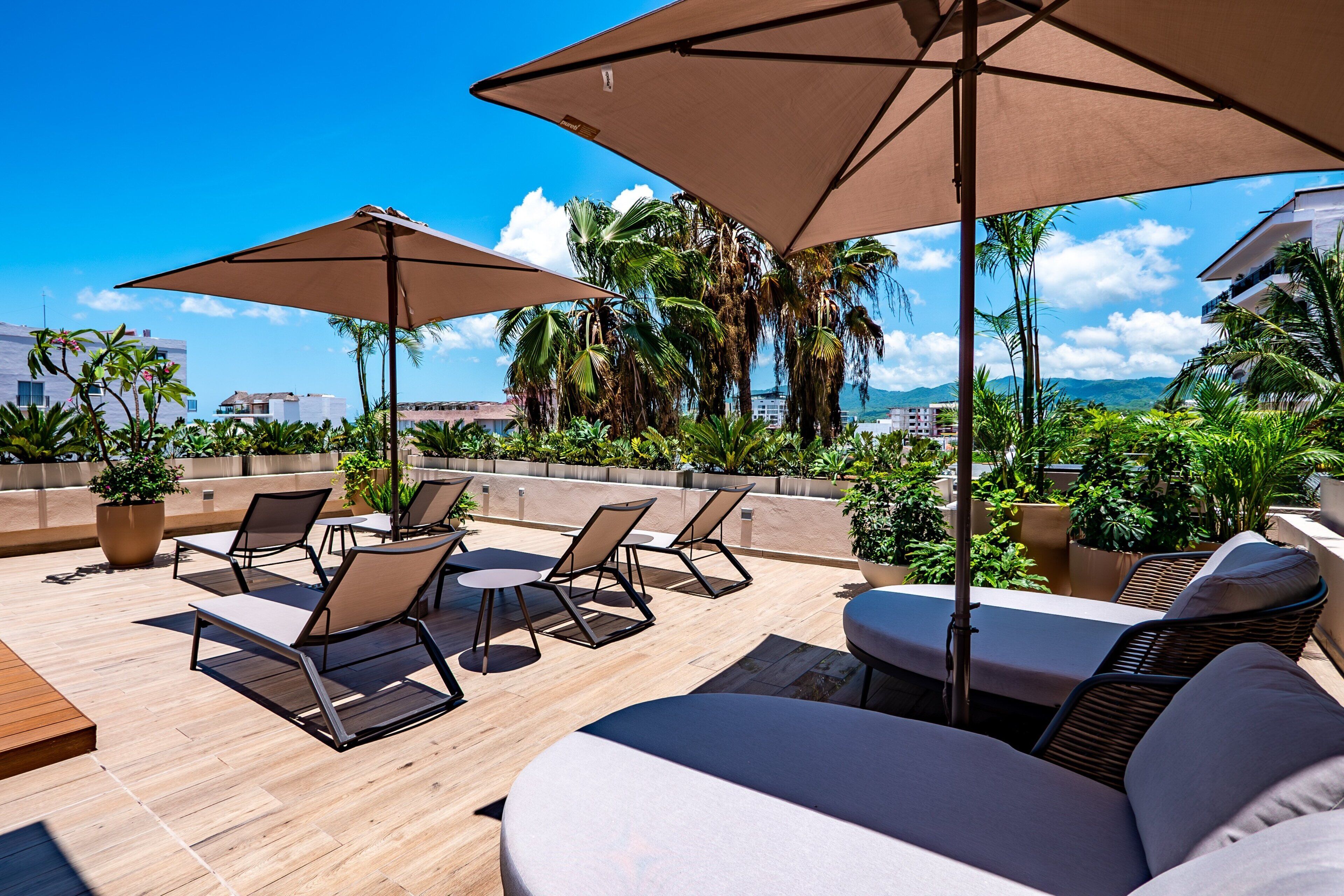 A rooftop terrace with outdoor seating, including lounge chairs and a sofa, under large umbrellas, with a view of palm trees and a distant mountain range.