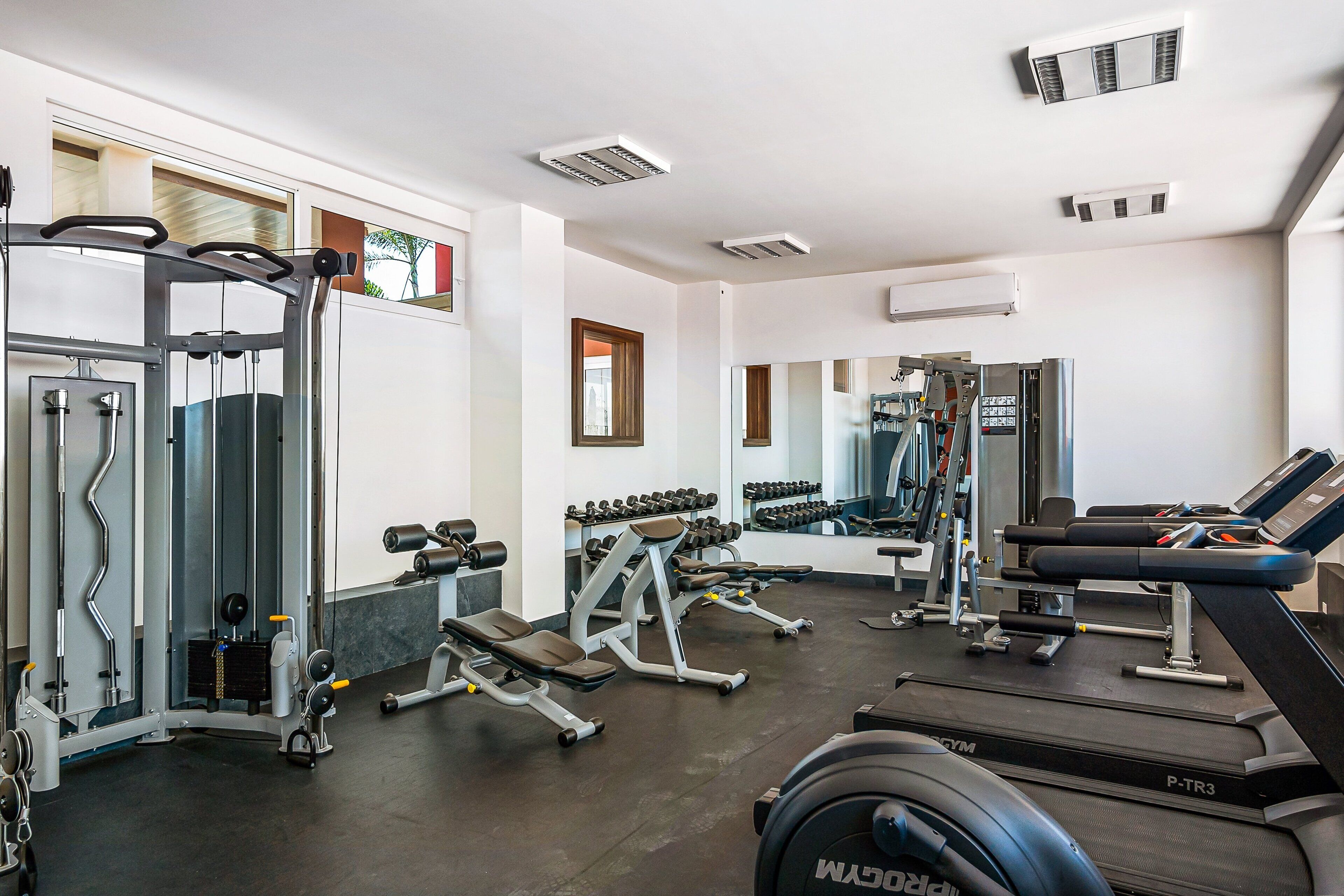 Un gimnasio con diversos equipos de ejercicio, como cintas de correr, mancuernas y máquinas de pesas.
