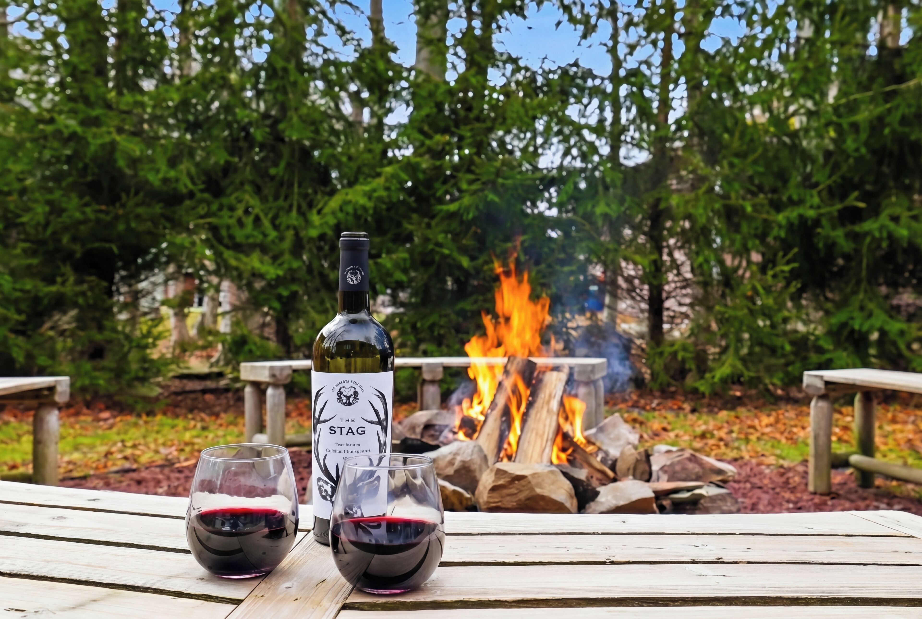 A wooden table with two glasses of red wine and a bottle of wine in a forest setting with a fire in the background.