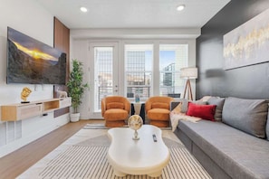 Apartment, 1 King Bed with Sofa bed, Non Smoking, Kitchenette | Living area | 65-inch Smart TV with digital channels, Netflix, Hulu - Skyhouse by Stylish Stays (Salt Lake City)