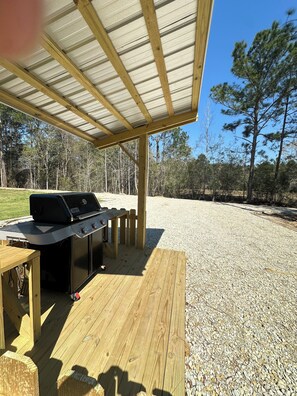 Outdoor dining - Brand new, pond front 2-bedroom cottage with AC in delightful Samson (Samson)
