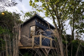 A wooden cabin with a balcony, surrounded by trees and tall grasses.