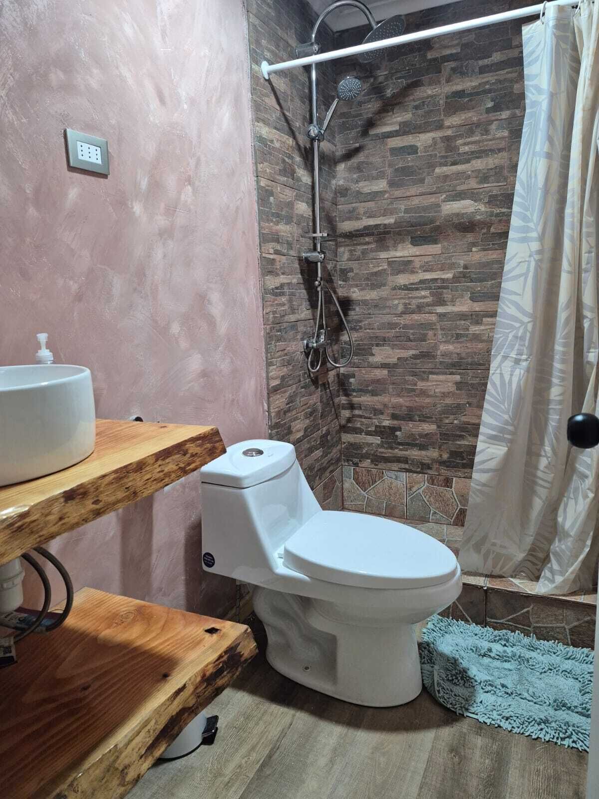Casa de banho com sanita, chuveiro e uma prateleira de madeira.