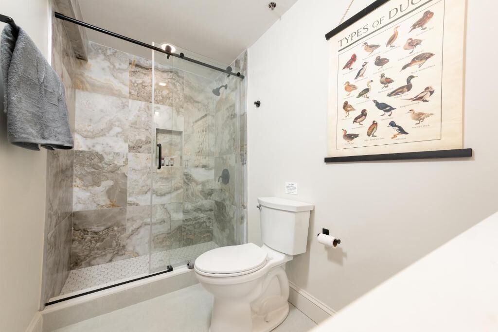 Un baño con cabina de ducha de vidrio, inodoro y un cartel en la pared con ilustraciones de aves.