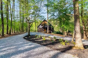 A cabin surrounded by a forest with a gravel driveway leading to it. - Riverfront Escape - Hot Tub • Game Room • Fire Pit (Ellijay)