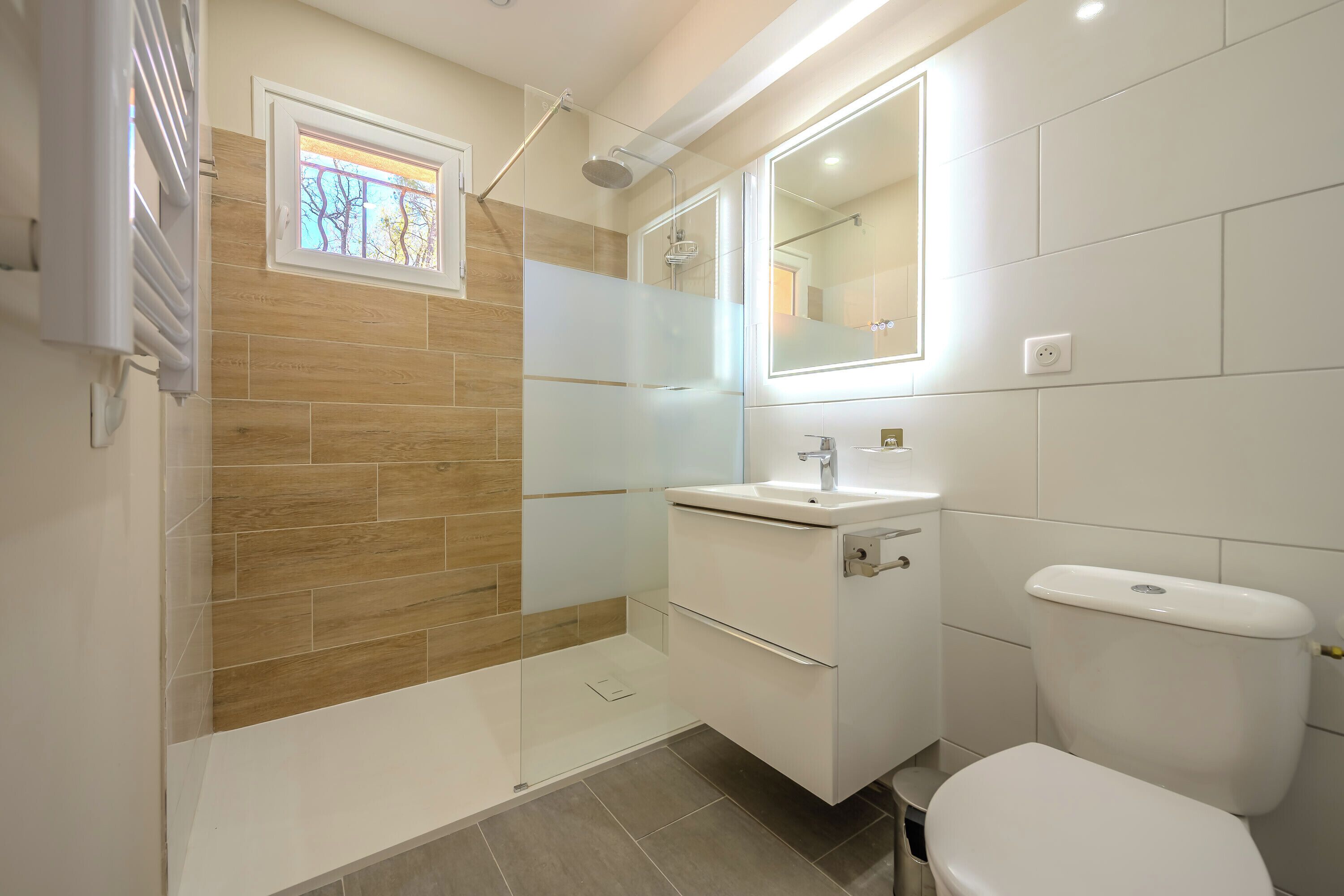 Shower, hair dryer, towels