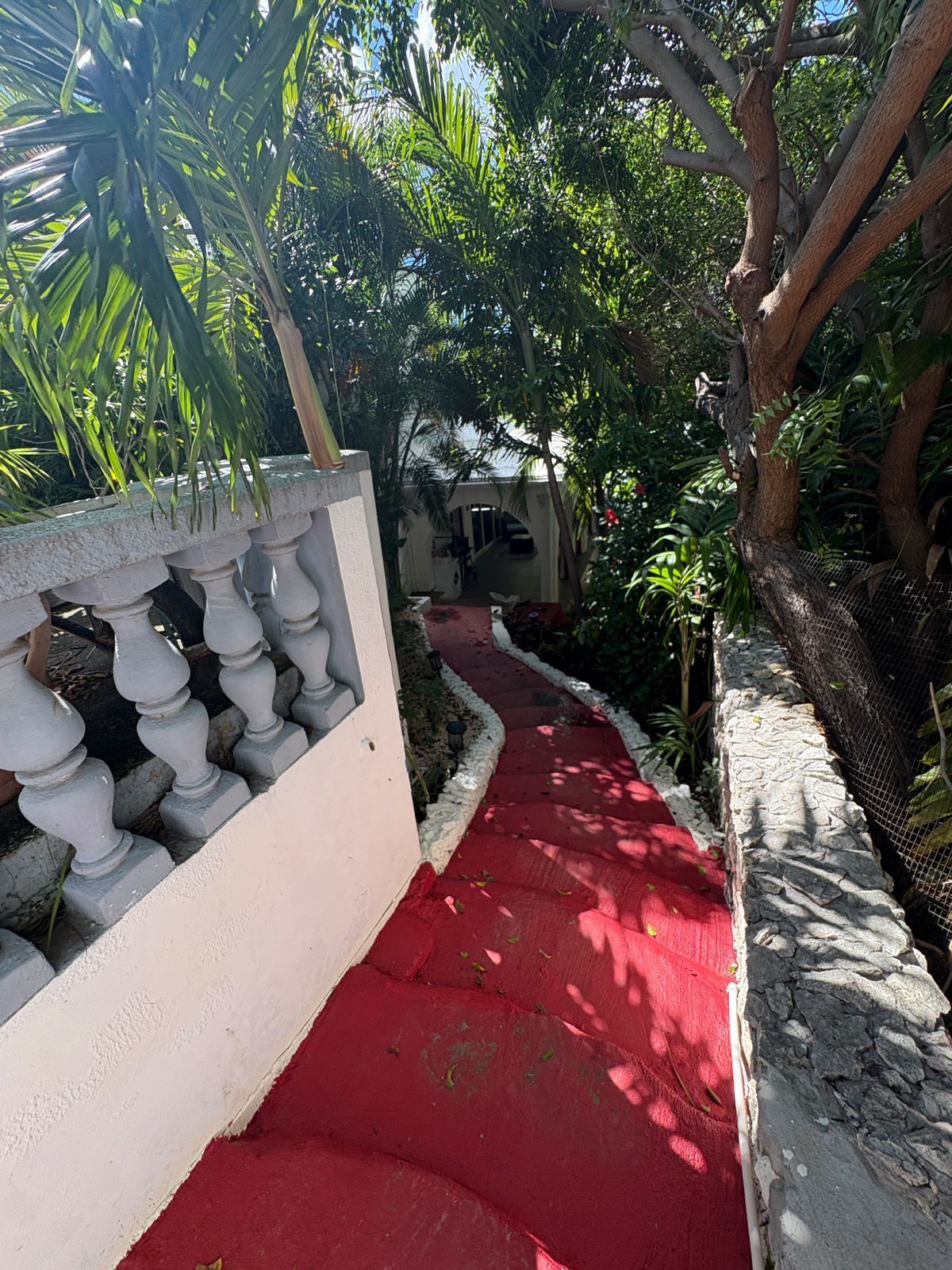 A pathway leading to a building with a red carpet, surrounded by lush greenery and a stone balustrade.