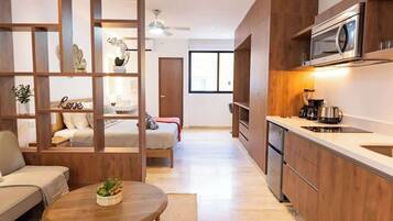Microwave, stovetop, coffee/tea maker, toaster