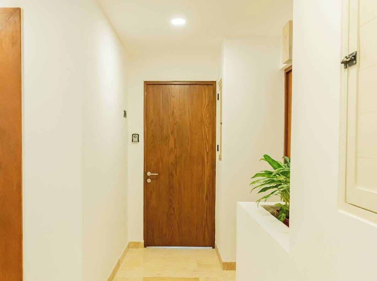 A narrow hallway with a wooden door, a potted plant, and a light fixture on the ceiling.