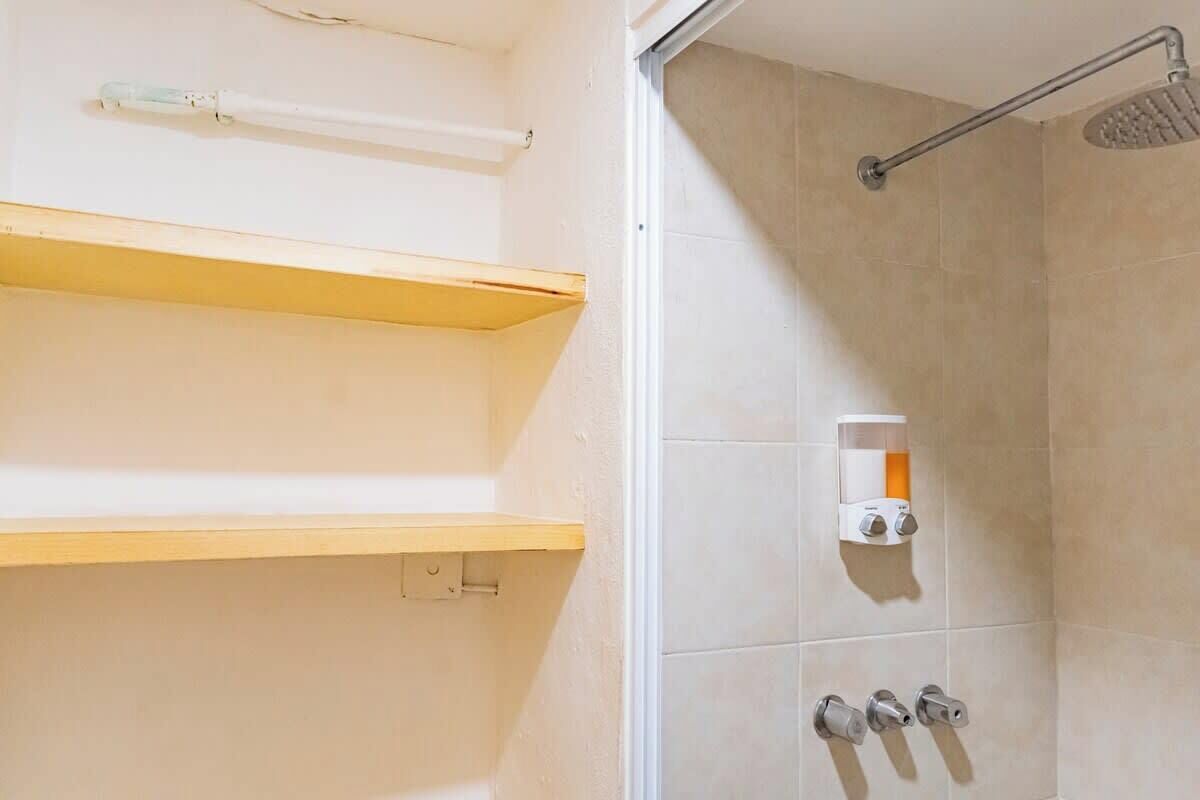 A shower area with a handheld showerhead, a soap dispenser, and a towel rack.