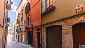 Una estrecha calle empedrada bordeada por edificios con balcones y un portón metálico cerrado.